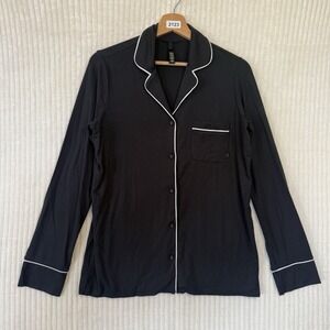 Skims Sleep Long Sleeve Button Up Shirt Onyx Marble Trim Sz XS Modal Blend NWOT